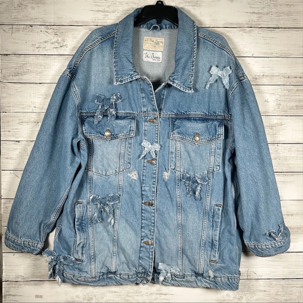 Free People We The Free The Series NYC Bow Detail Custom Blue Jean Jacket